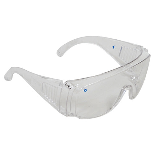 Pro Visitor Safety Glasses: Clear, featuring a deep design for wearing over prescription spectacles, provide a 180-degree view, medium impact protection, and 99.9% UV outdoor safety, ideal for workplace use.