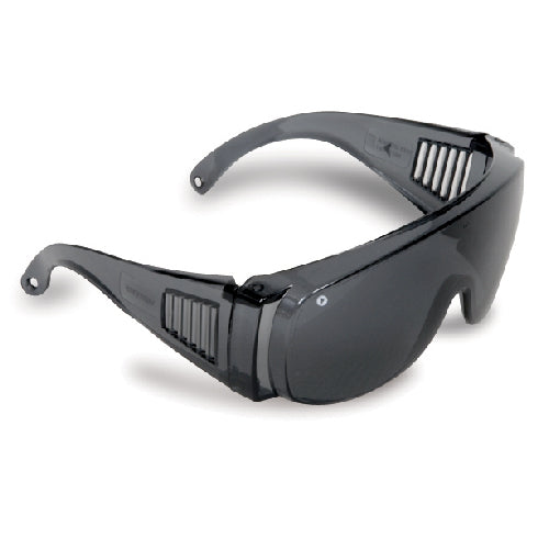 Pro Visitor Safety Glasses: Smoke, featuring a sleek, deep design for wearing over prescription spectacles, offering 99.9% UV protection. The one-piece frame ensures an unobstructed 180-degree view.