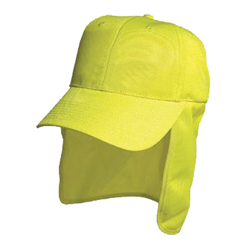 Luminescent Safety Cap with Flap, featuring a structured 6-panel design, low profile, and pre-curved peak. Includes a protective legionnaire flap and poplin-lined seams, ideal for safety and workplace use.