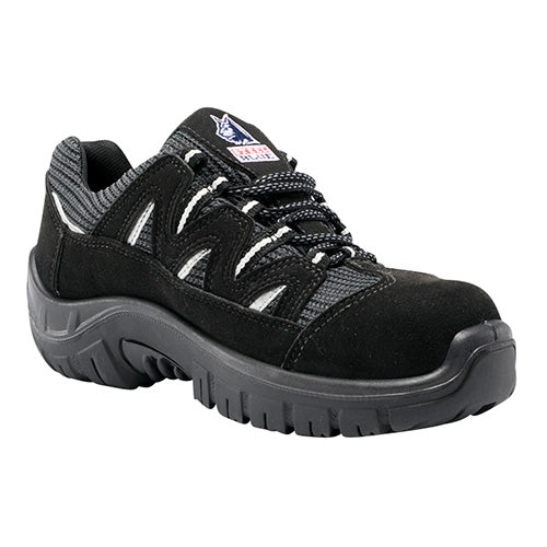 Steel Blue Adelaide Safety Shoes feature a sleek black design with white laces, ideal for active professionals. These shoes blend sports style with safety, perfect for demanding workplace environments.