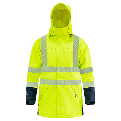 Load image into Gallery viewer, Bison Extreme Taped Rain Jacket, Yellow/Navy, featuring reflective stripes, neoprene storm cuffs, and a removable hood, designed for high-visibility and waterproof protection, ideal for safety and workwear environments.