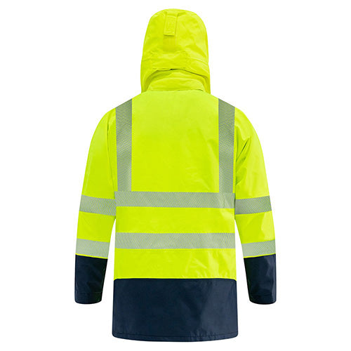 Load image into Gallery viewer, Bison Extreme Taped Rain Jacket, Yellow/Navy, featuring reflective stripes and a removable fleece liner, designed for high visibility and waterproof protection, ideal for safety and work environments.