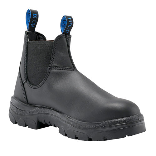 Steel Blue Hobart Safety Boots feature a sleek black design with blue straps, crafted from water-resistant full-grain Nubuck leather, ideal for safety-focused professionals seeking comfort and durability in workplace footwear.