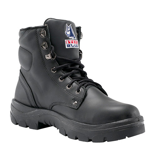 Steel Blue Argyle Safety Boots featuring a black design with a logo, 150mm lace-up, and padded collar, ideal for safety and comfort with a steel toe cap and water-resistant Nubuck leather.