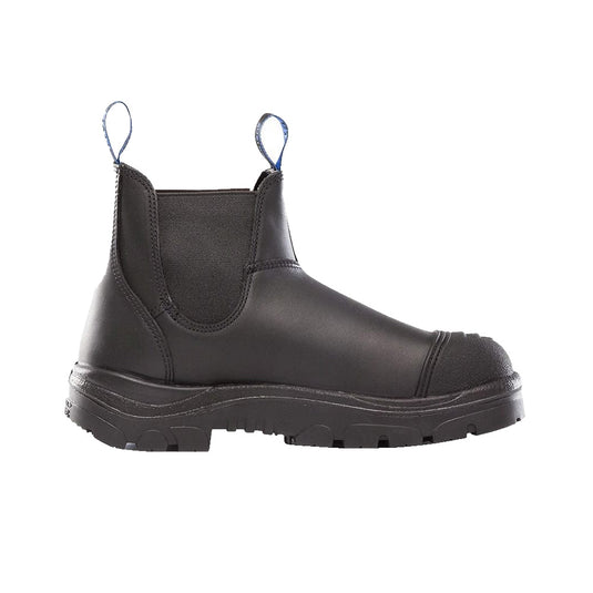 Steel Blue Hobart Scuff Cap Safety Boots, Black, featuring elastic sides and blue straps, designed with a durable Scuff Cap for abrasion resistance, ideal for professionals needing robust safety footwear.