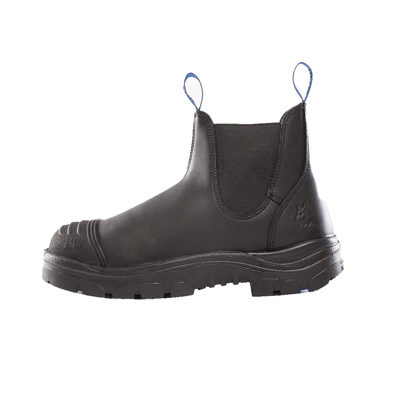Load image into Gallery viewer, Steel Blue Hobart Scuff Cap Safety Boots, Black, featuring elastic sides and a protective scuff cap. Ideal for trades, these boots include a steel toe cap, durable outsole, and anti-static properties, epitomizing Active Safety's reliable footwear offerings.