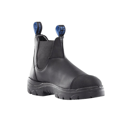 Steel Blue Hobart Scuff Cap Safety Boots, Black, featuring a durable scuff cap and steel toe, designed for rugged work environments. Ideal for tradespeople needing reliable protection and comfort on the job.