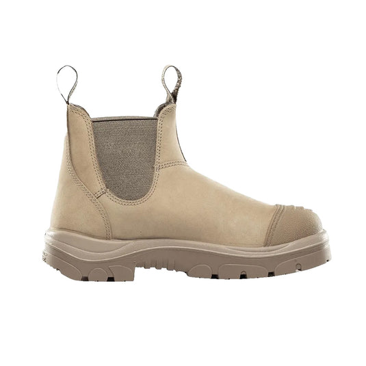 Steel Blue Hobart Scuff Cap Safety Boots, Sand, featuring elastic sides, a durable scuff cap, and a rugged sole, designed for high abrasion resistance and protection in demanding work environments.