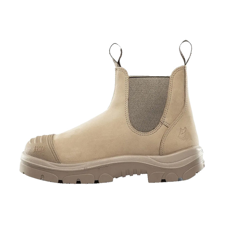 Load image into Gallery viewer, Steel Blue Hobart Scuff Cap Safety Boots in Sand, showcasing their robust front Scuff Cap and elastic-sided pull-on design, ideal for trades requiring durable, abrasion-resistant footwear with a 200J steel toe cap.