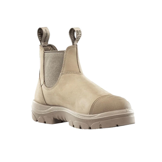 Steel Blue Hobart Scuff Cap Safety Boots in Sand feature an elastic-sided design with a durable scuff cap and 200J steel toe, ideal for trades requiring abrasion resistance and safety in challenging environments.