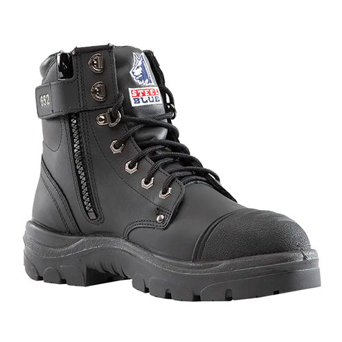 Steel Blue Argyle Zip Safety Boots, Scuff Cap, featuring durable leather with steel toe cap and side zip. Ideal for safety with slip-resistant TPU outsole. Designed for workplace protection.