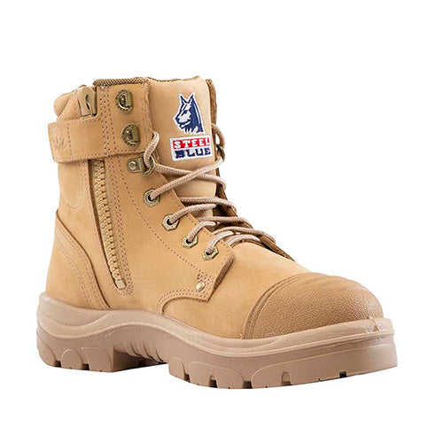Steel Blue Argyle Zip Scuff Cap Safety Boots, Sand, featuring a logo on the side, steel toe cap, and zip for easy access, designed for durability and protection in rugged work environments.
