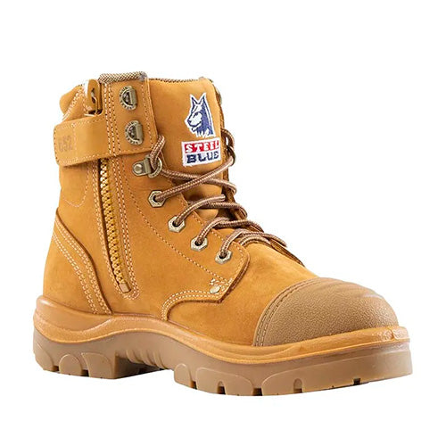 Steel Blue Argyle Zip Safety Boots, Scuff Cap, Wheat, featuring a visible side zip, logo, and durable design, made from premium water-resistant leather with a protective steel toe cap. Perfect for workplace safety.