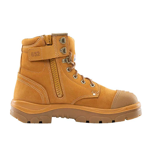 Steel Blue Argyle Zip Safety Boots, Scuff Cap, feature close-up of durable, water-resistant leather with side zipper and lace-up design, showcasing steel toe cap and TPU outsole, ideal for safety and comfort.
