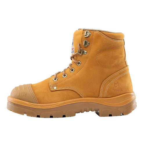 Load image into Gallery viewer, Steel Blue Argyle Zip Safety Boots, Scuff Cap, Wheat: Close-up of a rugged work boot featuring a durable leather exterior, steel toe cap, and convenient side zip, ideal for workplace safety and comfort.