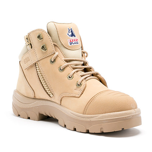 Load image into Gallery viewer, Steel Blue Parkes Zip Safety Boots, Sand: A close-up of a durable, hiker-style boot featuring a sturdy industrial-grade zipper and reinforced scuff cap, designed for safety and comfort in demanding work environments.