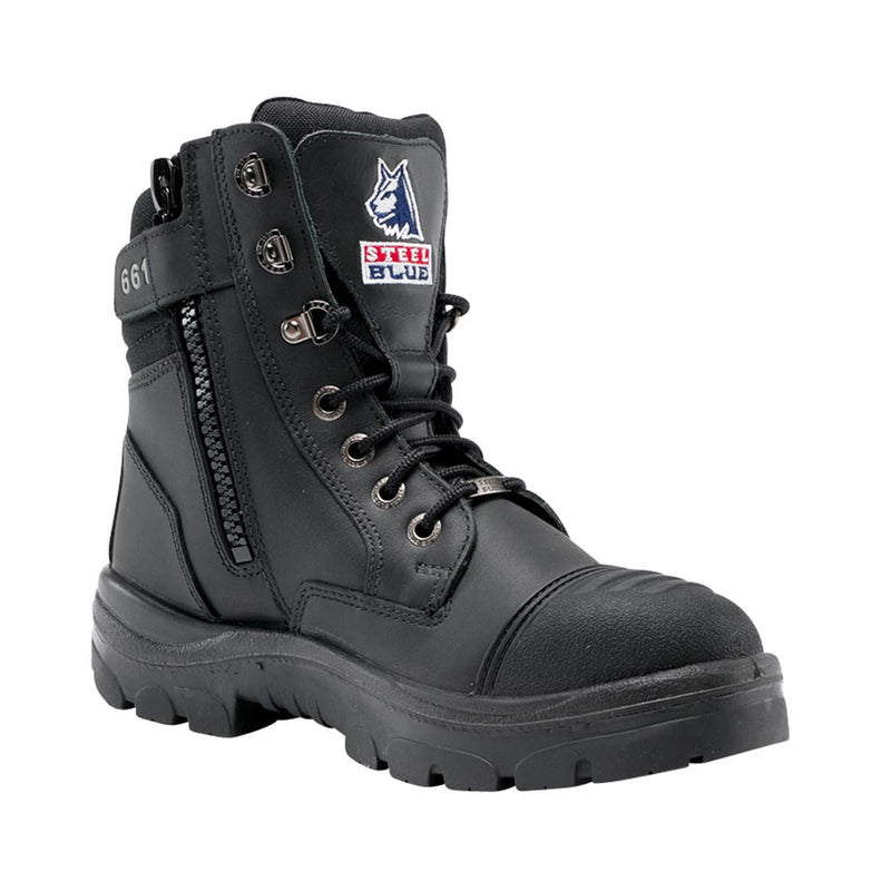 Load image into Gallery viewer, Steel Blue Southern Cross Zip Safety Boot, Black, featuring a reinforced steel toe, heavy tread sole, and side zipper for easy entry, ideal for construction and industrial environments.