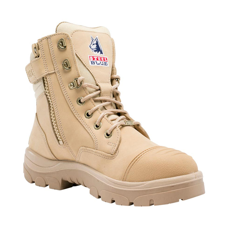 Load image into Gallery viewer, Steel Blue Southern Cross Zip Safety Boot, Sand; a tan, lace-up steel-toed work boot featuring an industrial-grade zipper and scuff cap, designed for comfort and safety in demanding work environments.