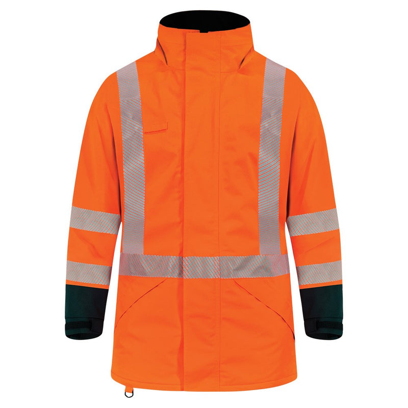 Load image into Gallery viewer, Bison Extreme TTMC-W17 X-Tape Jacket featuring a three-layer Stratatek fabric, neoprene storm cuffs, seam-sealed construction, reflective X-back tape, and a zip-off hood, epitomizing advanced safety wear from Active Safety.