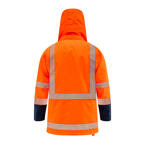 Load image into Gallery viewer, Bison Extreme TTMC-W17 Jacket, shown from the back, features durable 450D Stratatek fabric, stitch-free segmented tape, and a detachable hood, ideal for high-visibility protection in demanding environments.