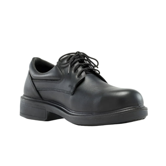 Steel Blue Manly Executive Lace Up Safety Shoe, featuring a padded collar and steel toe cap. Designed for comfort and safety, it has a TPU outsole and meets AS/NZS 2210:3 standards.