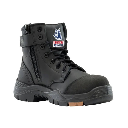 Steel Blue Argyle Zip Composite Safety Boots featuring a black design with a visible blue and white logo, padded collar, side zip, and TPU outsole, ideal for workplace safety and comfort.