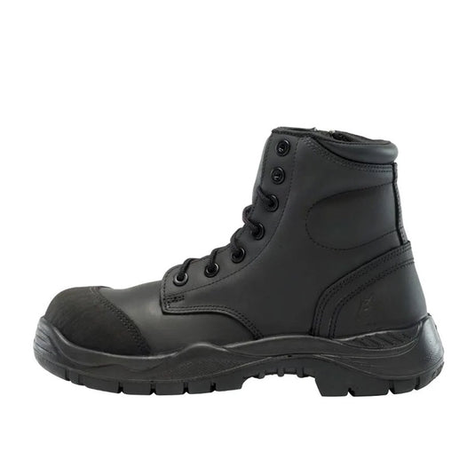 Steel Blue Argyle Zip Composite Safety Boots with padded collar, side zip, and TPU outsole, designed for comfort and durability, featuring airport-friendly composite toe caps ideal for workplace safety.