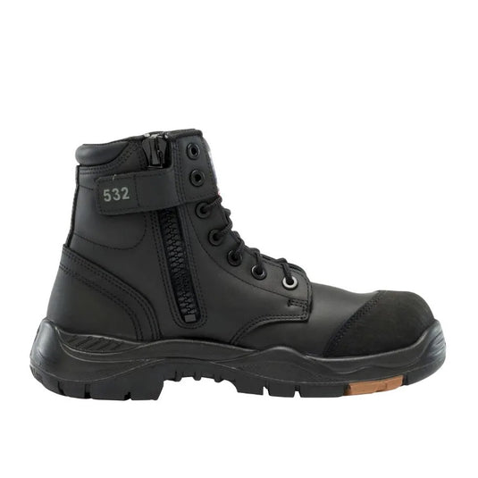 Steel Blue Argyle Zip Composite Safety Boots featuring a robust design with a padded collar, industrial-grade side zip, and TPU heat-resistant outsole, ideal for workplace safety and comfort.