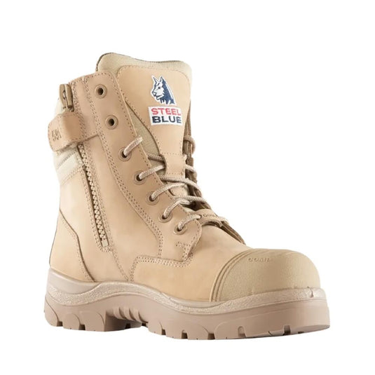 Steel Blue Southern Cross Zip Composite Safety Boot, Sand, features a 150mm ankle height, industrial-grade zipper, composite toe cap, scuff cap, and slip-resistant outsole, ideal for construction and indoor trades.