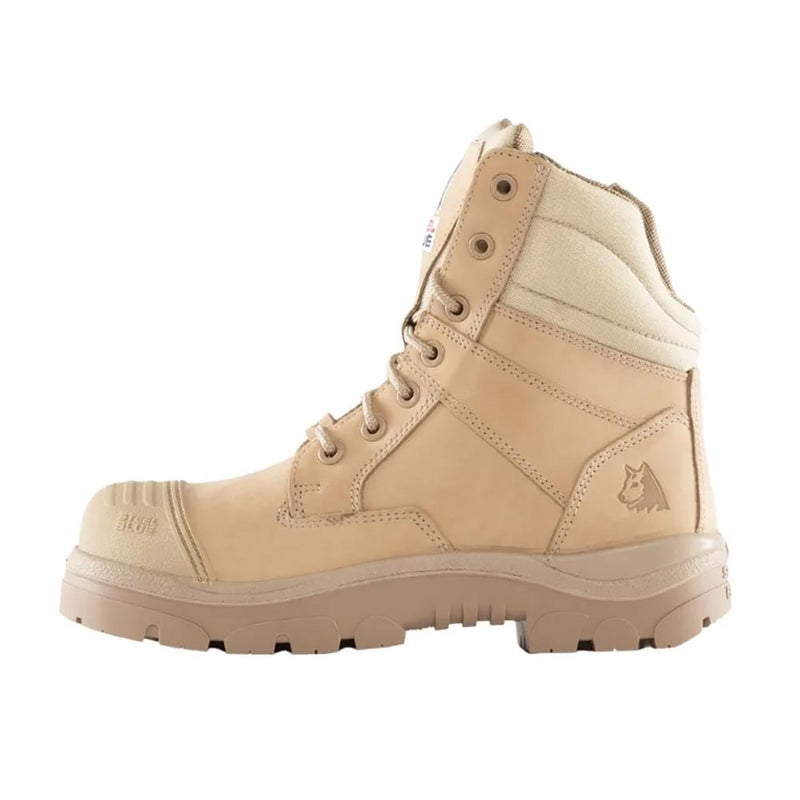 Load image into Gallery viewer, Steel Blue Southern Cross Zip Composite Safety Boot, Sand, featuring a 150mm ankle height, industrial-grade side zipper, and lace-up design. Made from water-resistant nubuck leather with an airport-friendly composite toe cap.