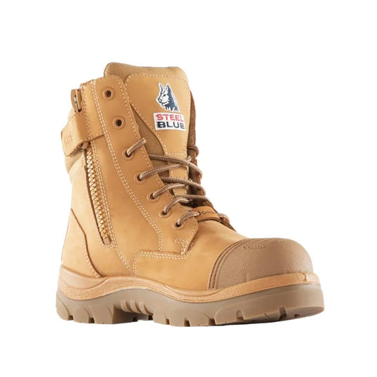 Steel Blue Southern Cross Zip Composite Cap Safety Boot, Wheat; a sturdy, 150mm ankle boot featuring a composite toe cap, industrial-grade zipper, and TPU outsole, ideal for construction and indoor trades.