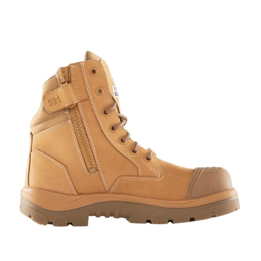 Steel Blue Southern Cross Zip Composite Cap Safety Boot, Wheat, featuring a 150mm ankle height, industrial zipper, lace-up design, scuff cap, and composite toe, ideal for active safety work environments.