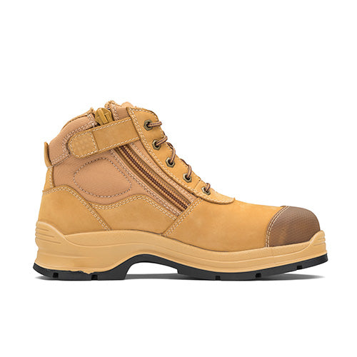 Blundstone 318 Safety Boots feature a close-up of a rugged brown boot with a durable toe guard and heavy-duty side zip, ideal for workplace safety and comfort.