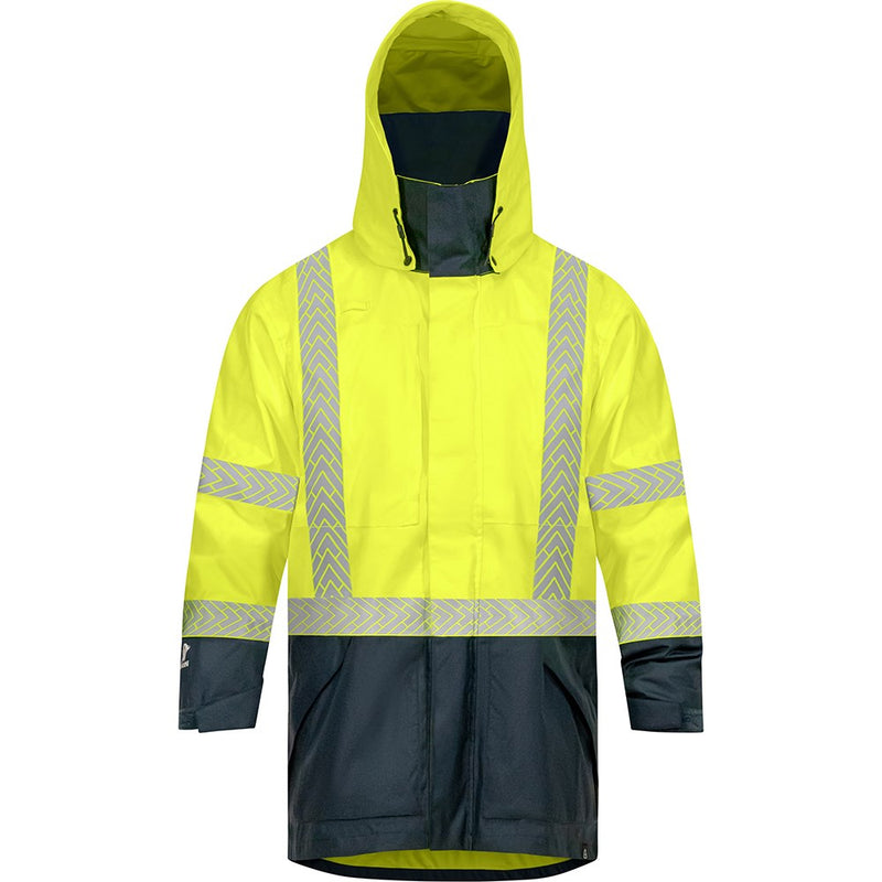 Load image into Gallery viewer, Bison Stamina Eco Hi Vis Taped Jacket, Yellow/Navy, featuring reflective stripes and a waterproof design with a removable hood, ideal for safety and durability in work environments.