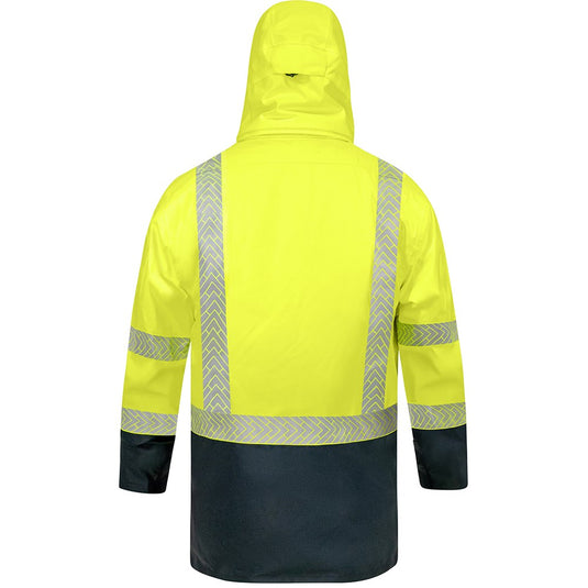 Bison Stamina Eco Hi Vis Taped Jacket, Yellow/Navy, features reflective stripes, a protective hood, and multiple pockets, designed for enhanced durability and comfort in high-visibility work environments.