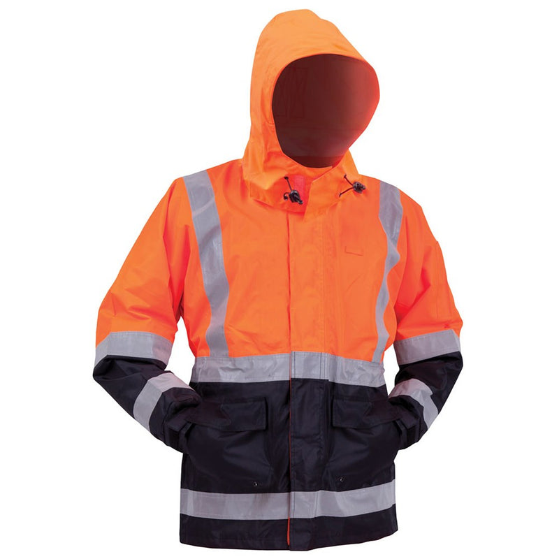 Load image into Gallery viewer, Bison Stamina Hi Vis Taped Jacket featuring a mesh lining, concealed hood, storm cuffs, and multiple pockets for storage, designed for safety and durability in workplace environments.