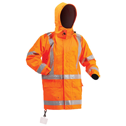 Bison Stamina TTMC-W17 Jacket features a concealed hood, mesh lining, and neoprene cuffs, ideal for high-visibility workwear. Equipped with heavy-duty zippers and detachable ID pocket, compatible with Bison 51305O Vest.