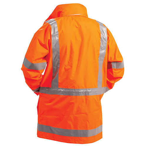 Bison Stamina TTMC-W17 Jacket, featuring a concealed hood and neoprene cuffs for weather protection, worn by a person. This high-visibility workwear offers premium zippers and a detachable ID pocket for practical safety use.