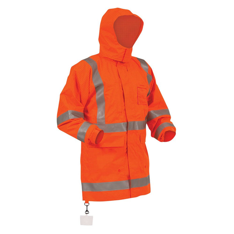 Load image into Gallery viewer, Bison Rigour FR/Antistatic TTMC-W17 Jacket with reflective stripes, hood, and deep front pockets, designed for safety and protection, featuring internal and external pockets, visible on a model.