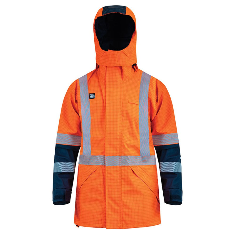 Load image into Gallery viewer, Arcguard 29Cal Inheratex TTMC-W17 Rain Jacket featuring a removable hood, storm cuffs, waterproof zippers, and retro-reflective tape, designed for high safety standards and workplace protection.