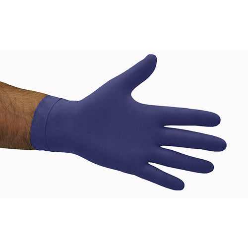 Selfgard Hi-Risk Powder Free Latex Gloves Box/50 shows a hand wearing a durable, extra thick dark blue safety glove, suitable for medical centers and emergency services, emphasizing protection and tactile sensitivity.