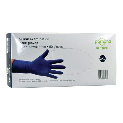 Selfgard Hi-Risk Powder Free Latex Gloves Box/50 featuring a visible box with blue gloves; one glove is shown worn on a hand, highlighting its durable and extra thick design, suitable for medical and emergency use.