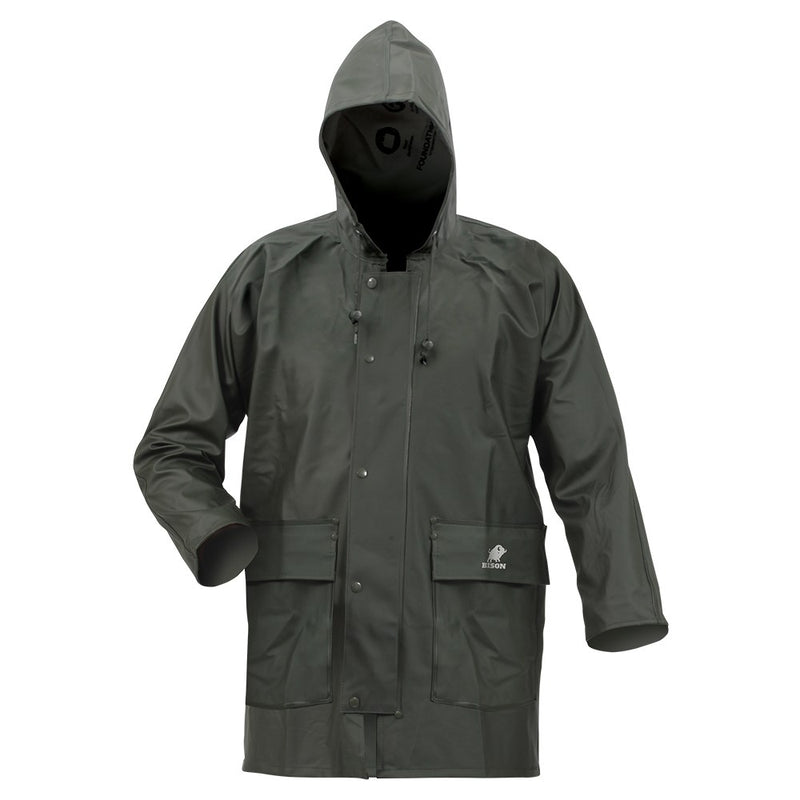 Load image into Gallery viewer, Bison Heavy Duty PVC Jacket featuring a hood with storm protection, vented back, and elastic storm cuffs. Designed for durability with zip front, domed storm flap, and two storm pockets.