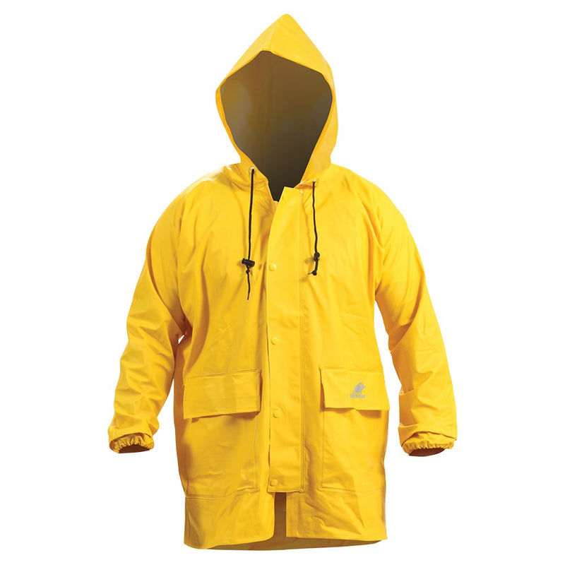 Load image into Gallery viewer, Bison Heavy Duty PVC Jacket featuring a hood, zip front with domed storm flap, vented back, and underarms. Designed with elastic storm cuffs and two storm pockets, ideal for comprehensive rain protection.