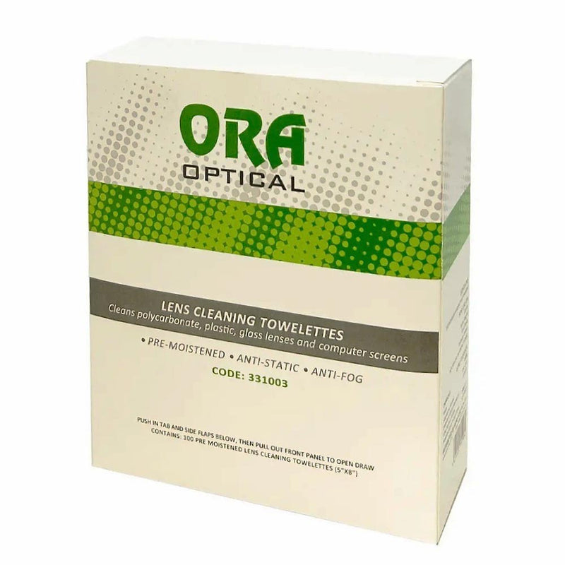 Load image into Gallery viewer, ORA Lens Cleaning Wipes: Box/100 displayed, featuring 100 individually packaged, pre-moistened towelettes for streak-free cleaning of glass and polycarbonate lenses, ensuring anti-fog protection, ideal for safety eyewear maintenance.