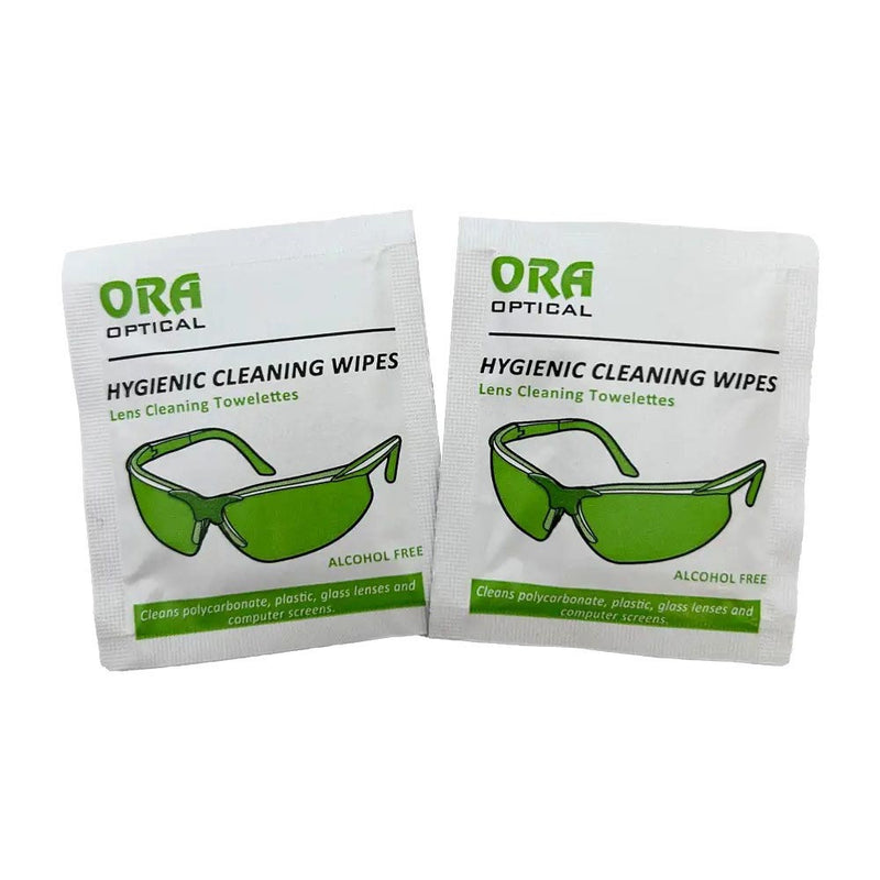 Load image into Gallery viewer, ORA Lens Cleaning Wipes: Box/100, featuring two individual foil-pouch packets for alcohol-free lens cleaning, suitable for safety glasses, polycarbonate, plastic, or glass lenses, ensuring streak-free and anti-fog maintenance.