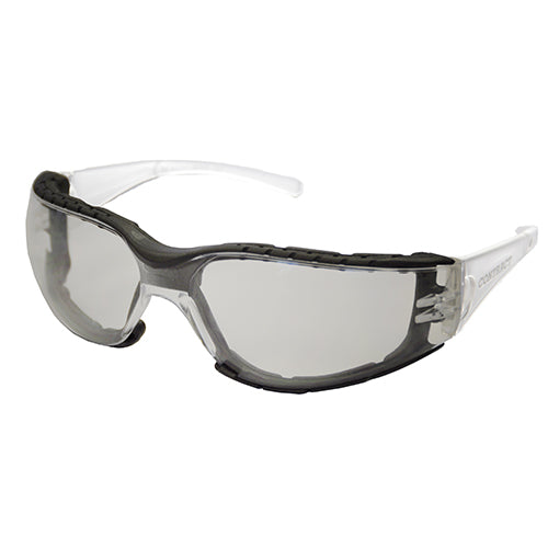 Contract Seal Safety Glasses: Clear, featuring a medium impact polycarbonate lens with foam seal gasket, designed for safety, anti-scratch coating, and 99.9% UV protection. Ideal for workplace eye protection.