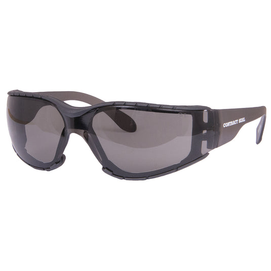 ST Contract Foam Seal Safety Glasses feature a robust design with a medium impact polycarbonate lens and foam seal gasket, offering anti-scratch coating and 99.9% UV protection, ideal for workplace safety.