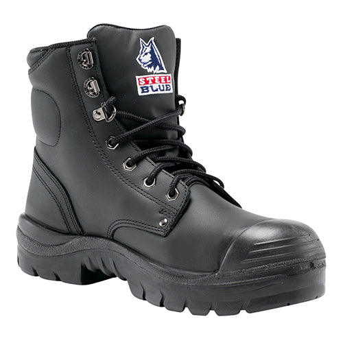 Steel Blue Argyle Bump Cap Safety Boots, featuring a black design with a visible logo, padded collar, and steel toe cap. Ideal for workplace safety with premium water resistance and durable TPU outsole.