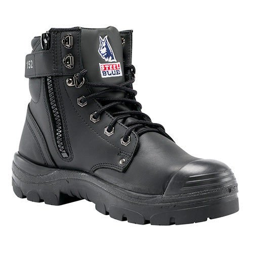 Steel Blue Argyle Zip Bump Cap Safety Boots feature a durable design with a padded collar, zip side, and steel toe cap, ideal for work environments requiring safety and comfort.